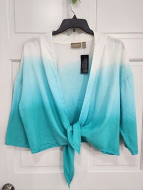 Womans Size XL Teal Ombre Linen Blend Tie-Front Overshirt Shrug